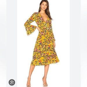 Tanya Taylor Idella Floral Silk Midi Yellow Golden V Neck Long Sleeve Midi Dress